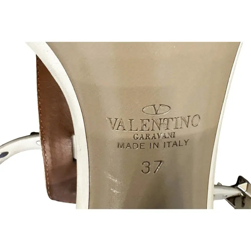 Valentino Garavani Rockstud Ivory Leather Block Heels Sandals Size 37